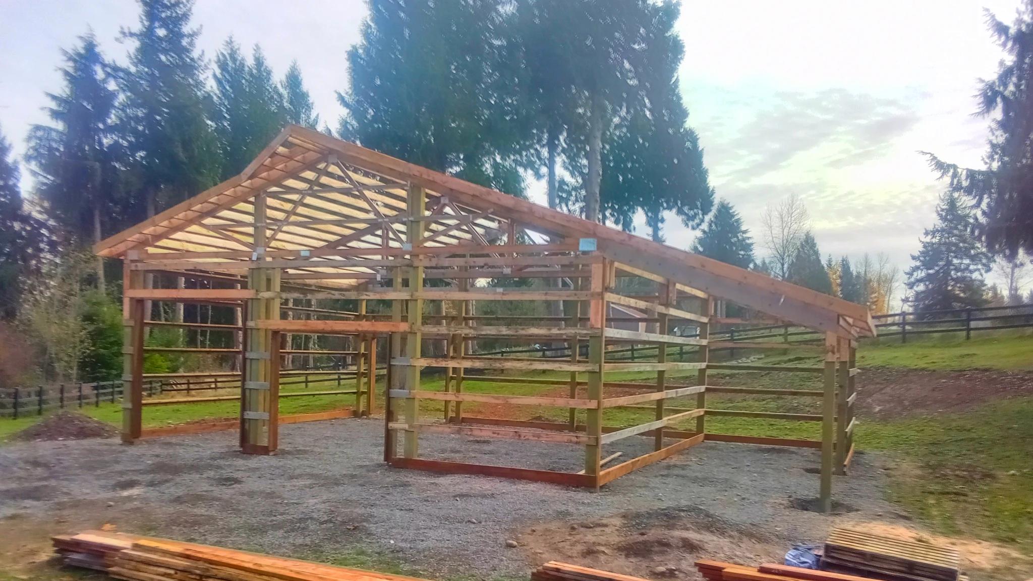36'x36' Custom Pole Barn Garage with Lean-To in Lake Tapps, WA - Photo